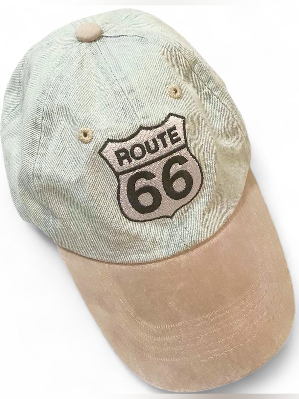 Route 66 Embroidered Baseball Cap in Mint & Beige